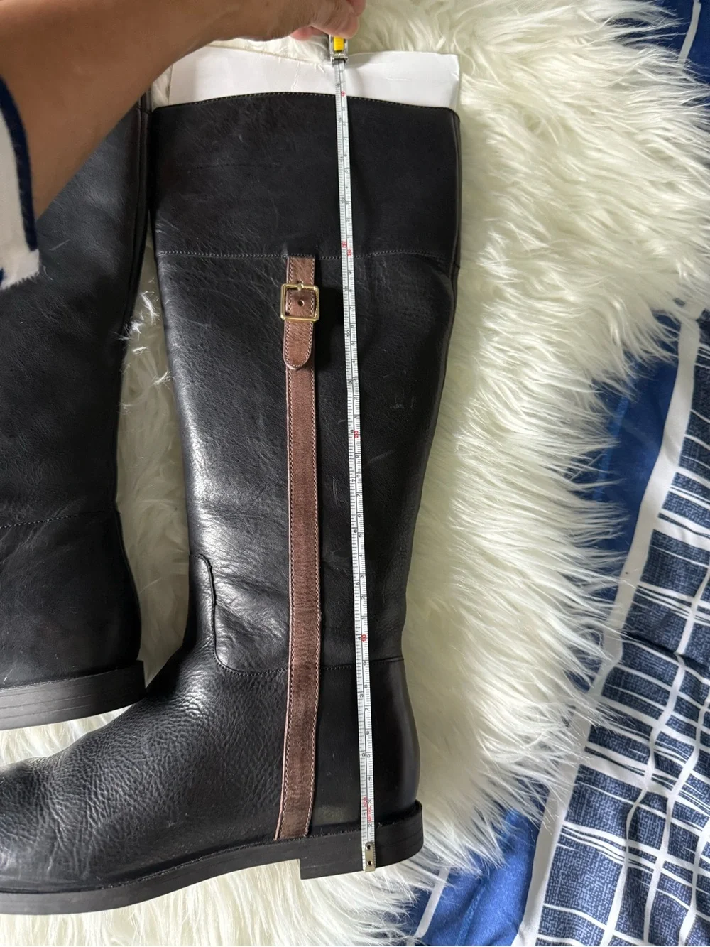 Cole Haan Black Leather Over-The-Knee Boots with Brown Strap